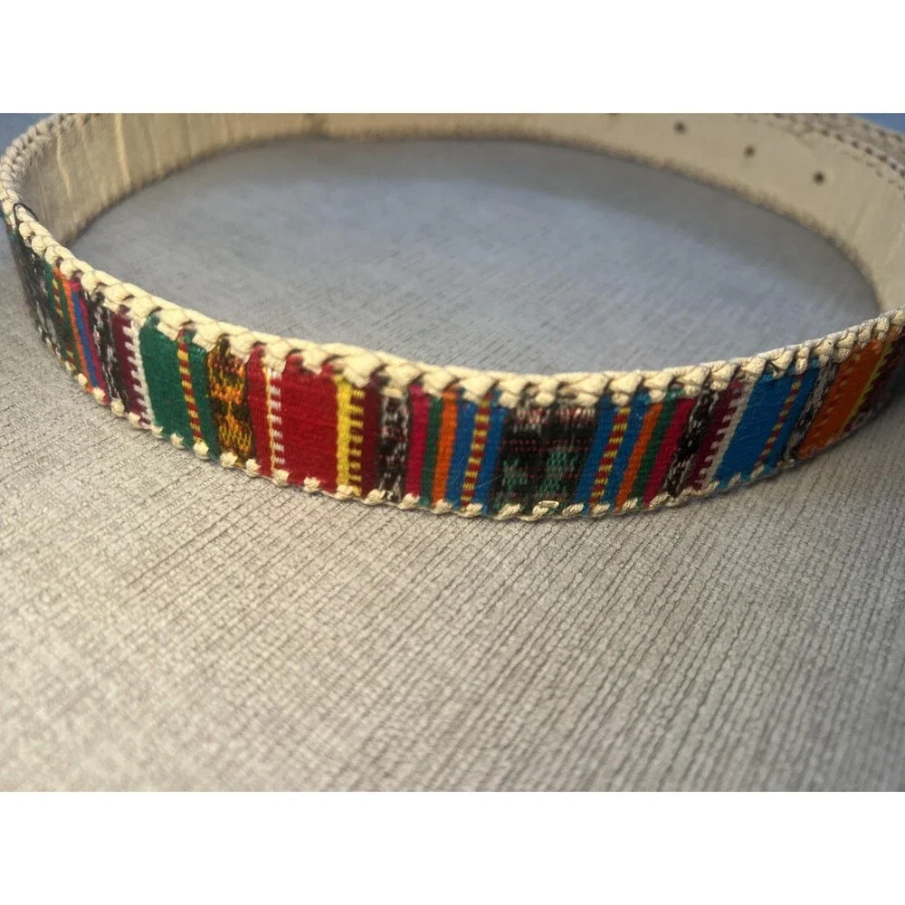 Woven Stripe Belt Womens 32 Multicolor Fabric Trim Faux Leather Boho Western